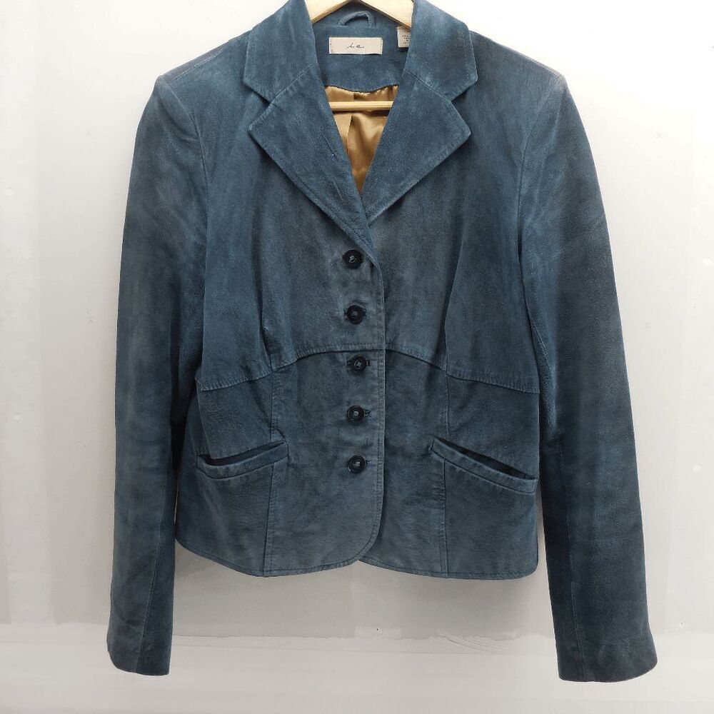 VTG i.e. Suede Leather Jacket Blazer Women's M‎ Green Button Front Lined Y2K EUC